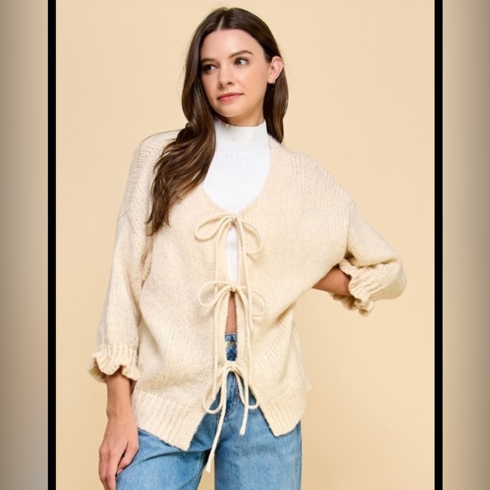 Cream Knit Sweater with Tie Front